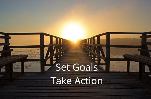 Dock with sun in the horizon, captioned “Set goals. Take action.”
