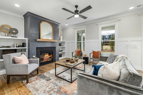 A cozy family room in white and grey