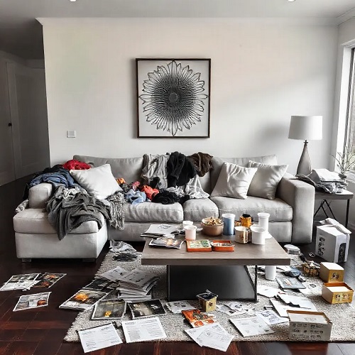 Living room with a grey sectional couch and a coffee table with stacks of paper and clothes strewn all over the room.